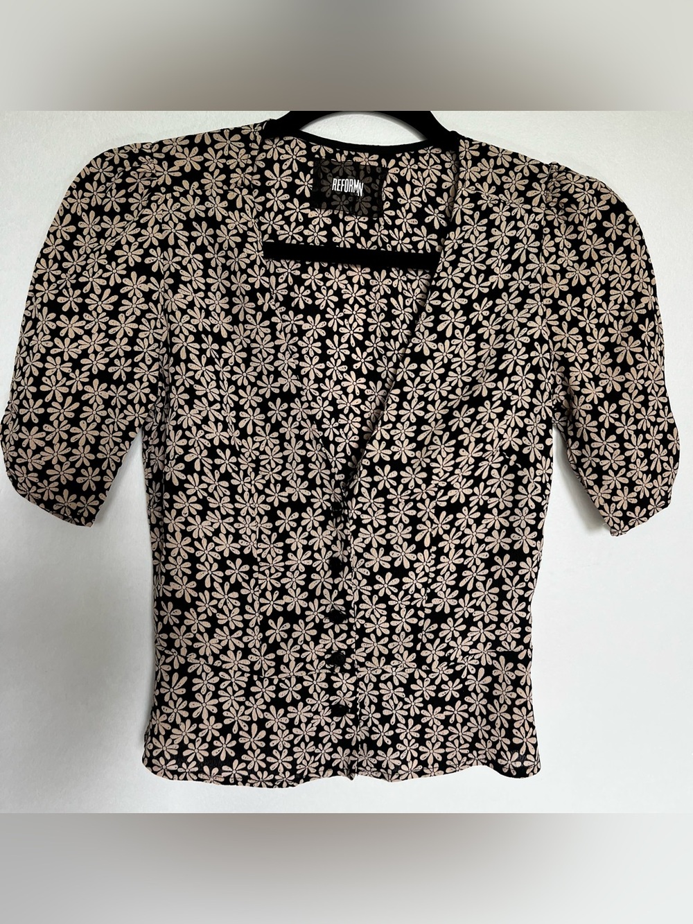Reformation Black and Cream Floral Wrap Blouse
